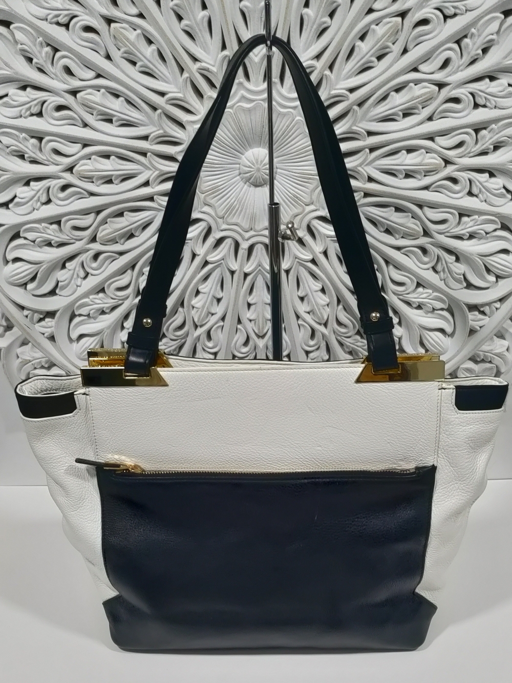Vince Camuto Black & White Colorblock Leather Shoulder Tote Bag